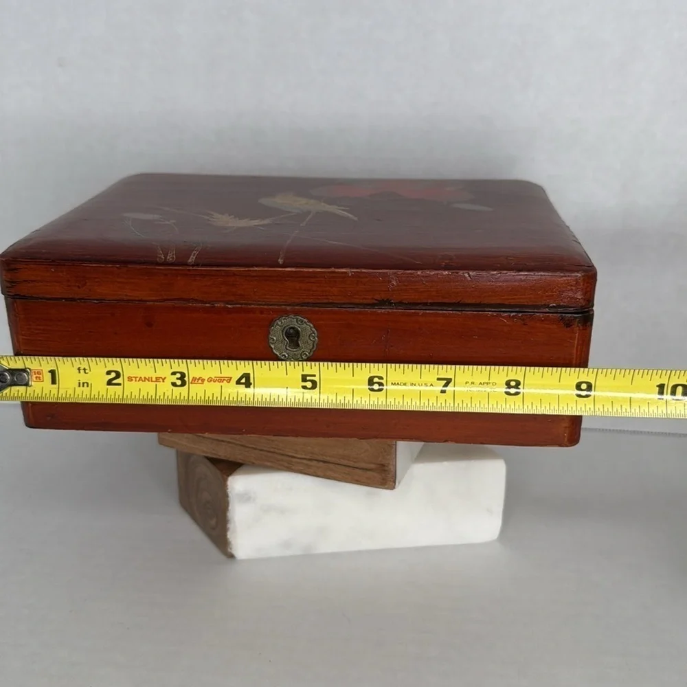 Antique Japanese Hand-Painted Cinnabar-Red Lacquered Box No Key